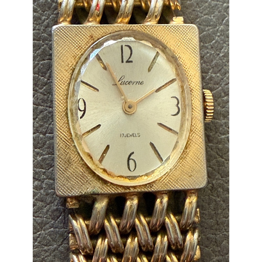 Vintage Lucerne 17 Jewels Gold Tone Rectangle Face Mesh‎ Band Women's Watch